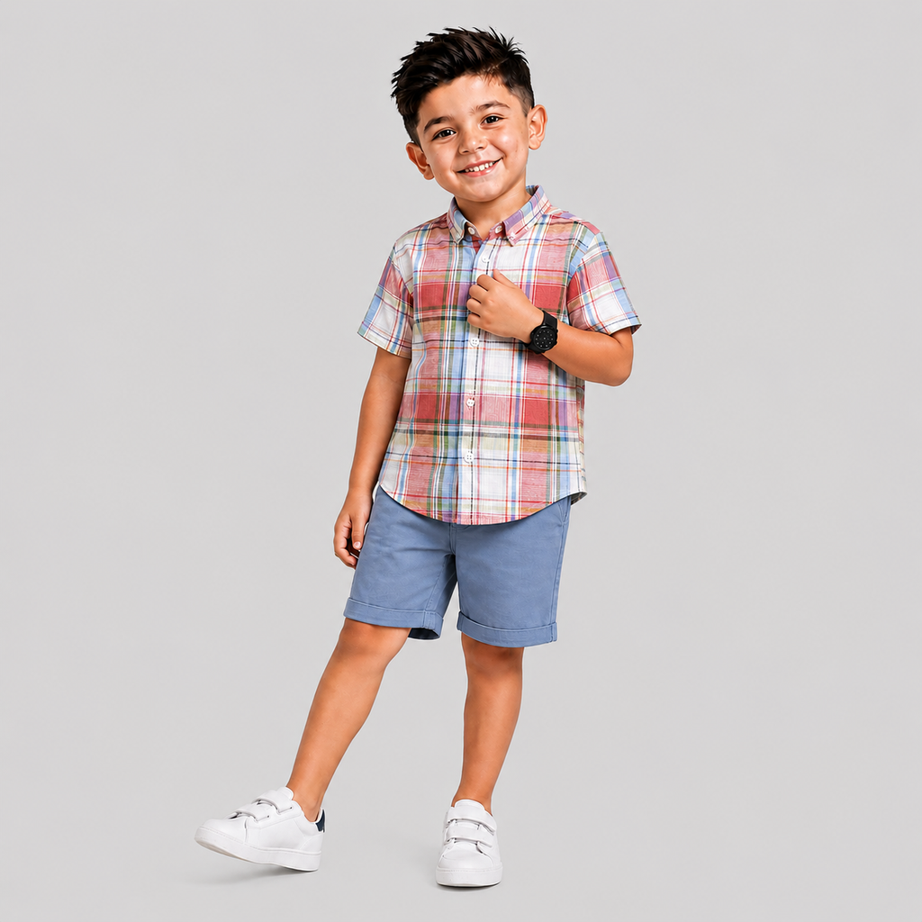Irish Multicolor check shirt with steel blue shorts