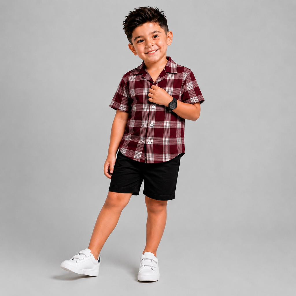 Maroon check shirt with black shorts