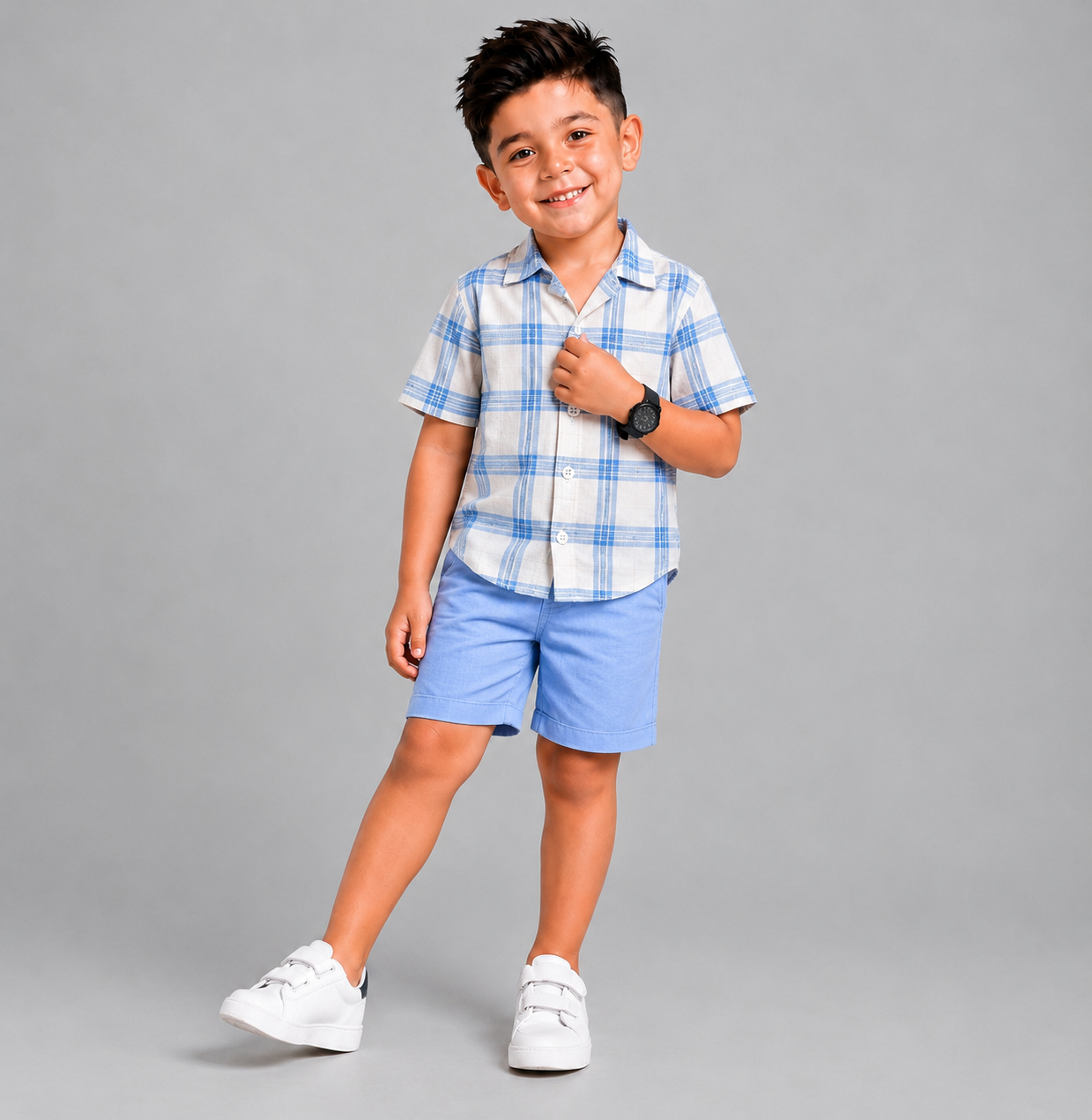 Sky blue check shit with Light Blue Cotton Shorts