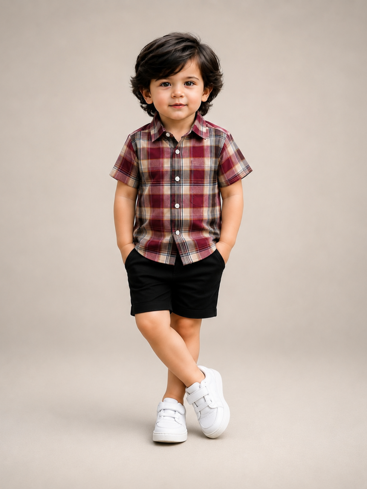 Maroon Check Shirt with Black Shorts